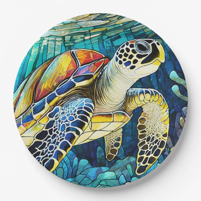Sea turtle stained glass paper plate (Front)