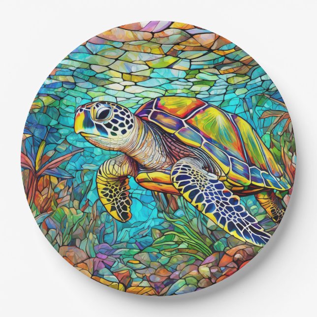 Sea turtle stained glass paper plate (Front)