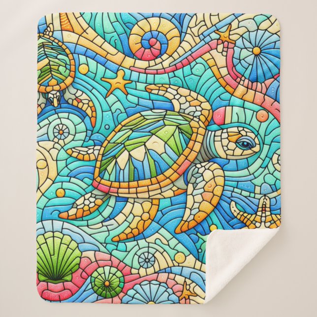 Sea Turtle Stained Glass Sherpa Blanket (Front)