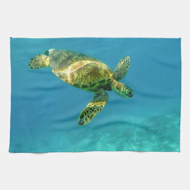 Sea Turtle swimming in turquoise ocean water Kitchen Towel (Horizontal)