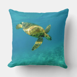 Sea Turtle swimming in turquoise ocean water Throw Pillow