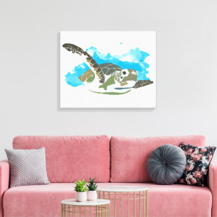Sea Turtle Swimming in Watercolor Design Canvas Print