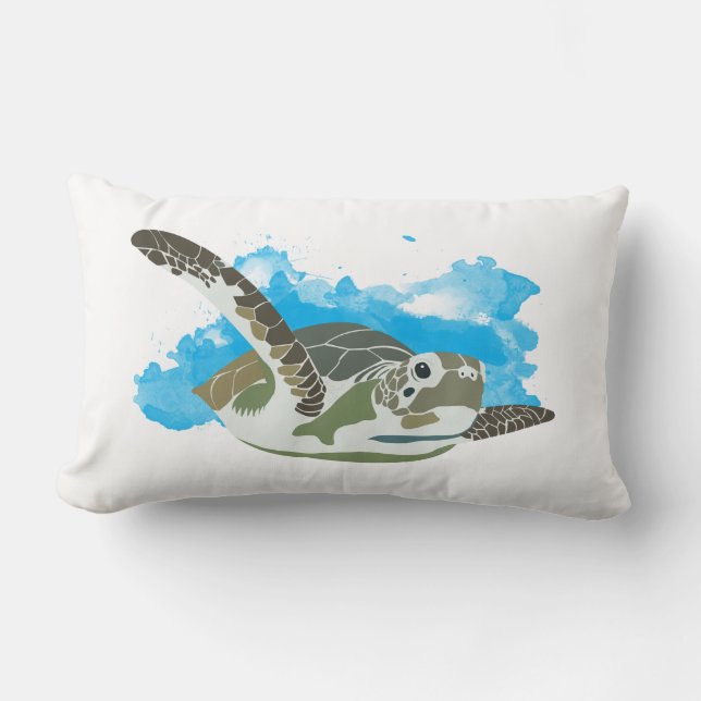 Sea Turtle Swimming in Watercolor Design Lumbar Pillow (Front)