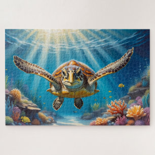 Sea Turtle Swimming Over Coral Reef Underwater Jigsaw Puzzle