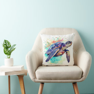 Sea Turtle Swimming watercolor painting Throw Pillow