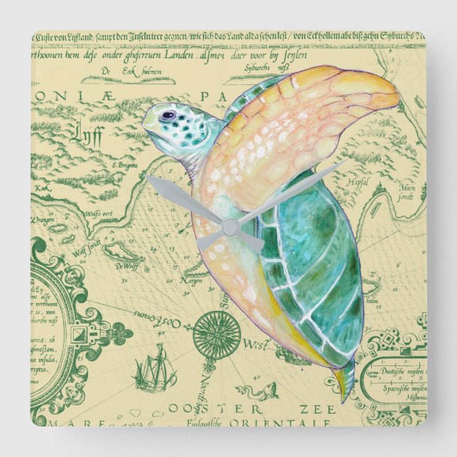 Sea Turtle Tan Map Vintage Square Wall Clock (Front)