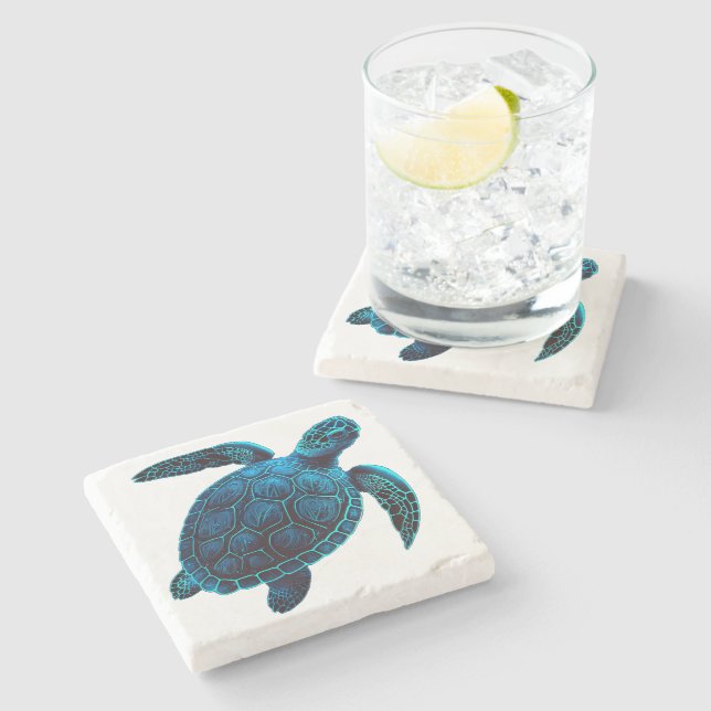 Sea turtle, tattoo style, blue digital drawing  stone coaster (Side)