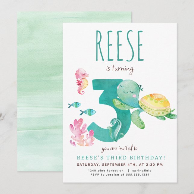 Sea Turtle Third Birthday Invitation (Front/Back)
