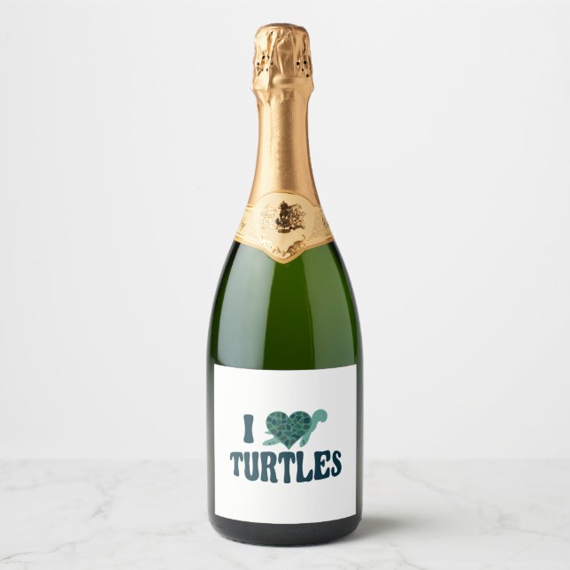 Sea Turtle Tortoise Heart I Love Sparkling Wine Label (Front)