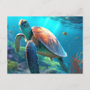 Sea Turtle, Tropical Fish and Coral in Blue Ocean  Postcard