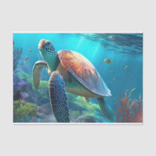 Sea Turtle, Tropical Fish and Coral in Blue Ocean  Tissue Paper