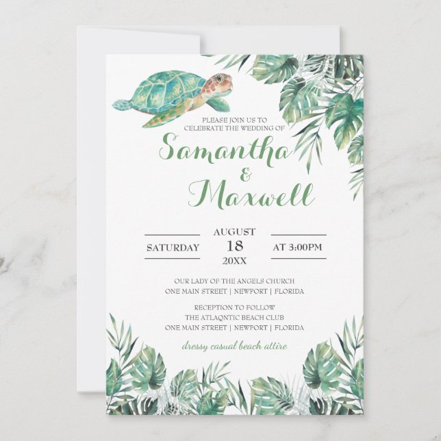 Sea Turtle Tropical Leaves Watercolor Wedding Invitation (Front)