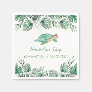 Sea Turtle Tropical Leaves Watercolor Wedding Napkin