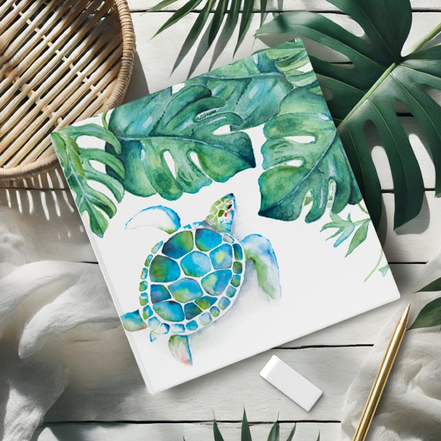 Sea Turtle Tropical Palm Leaf Elegant Binder (Tropical sea turtle and monstera palm leaf notebook watercolor art by Victoria Grigaliunas)