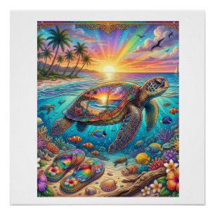 Sea Turtle Tropical Sunset Rainbow Beach Ocean Fle Poster