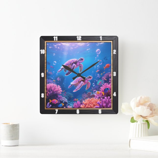 Sea Turtle Underwater Ocean Square Wall Clock (Home)
