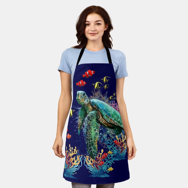 Sea turtle underwater watercolor Style Apron (Worn)
