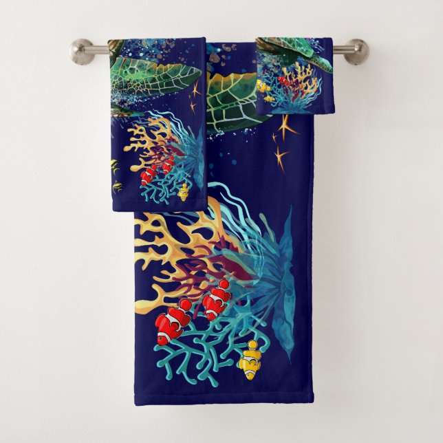 Sea turtle underwater watercolor Style Bath Towel Set (Insitu)