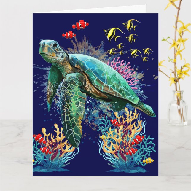 Sea turtle underwater watercolor Style Card (Yellow Flower)