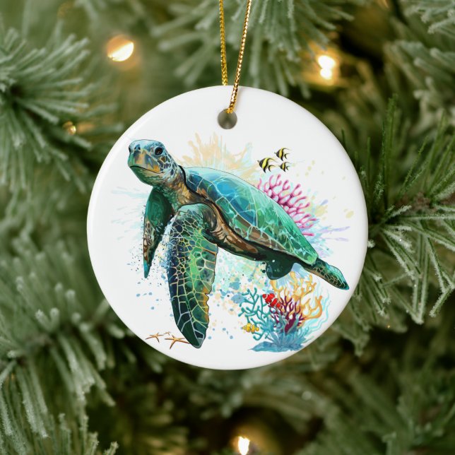 Sea turtle underwater watercolor Style Ceramic Ornament (Tree)