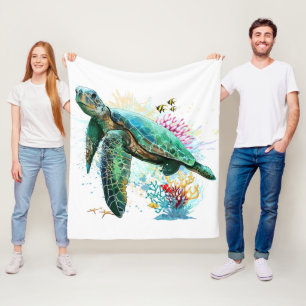 Sea turtle underwater watercolor Style Fleece Blanket
