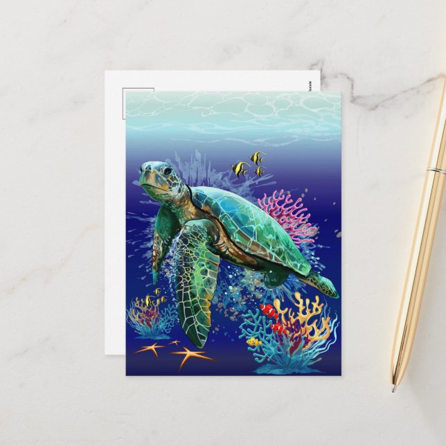 Sea turtle underwater watercolor Style Holiday Postcard (Front/Back In Situ)