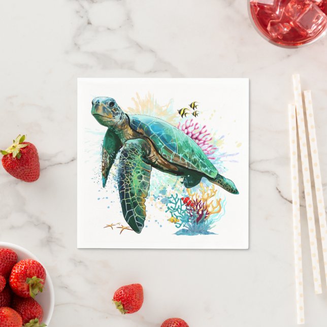 Sea turtle underwater watercolor Style Napkin (Insitu)