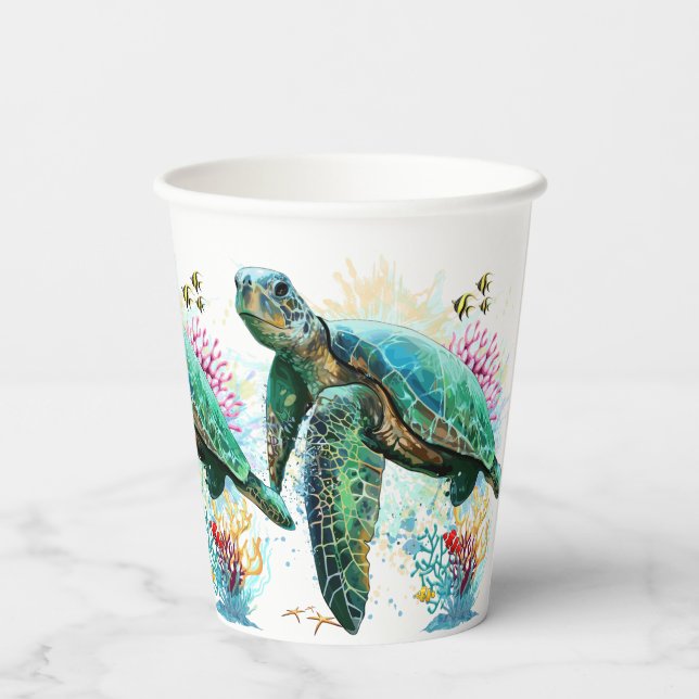 Sea turtle underwater watercolor Style Paper Cups (Back)