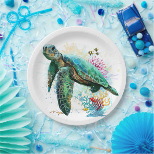 Sea turtle underwater watercolor Style Paper Plate