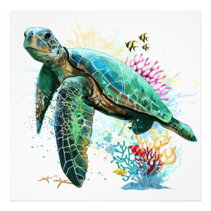 Sea turtle underwater watercolor Style Photo Print