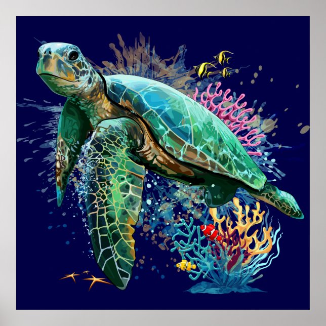 Sea turtle underwater watercolor Style Poster (Front)