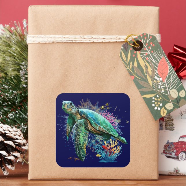 Sea turtle underwater watercolor Style Square Sticker (Holiday)