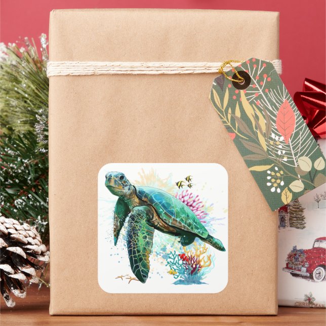 Sea turtle underwater watercolor Style Square Sticker (Holiday)