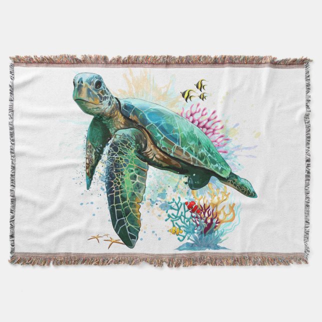 Sea turtle underwater watercolor Style Throw Blanket (Front)