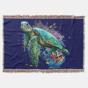 Sea turtle underwater watercolor Style Throw Blanket