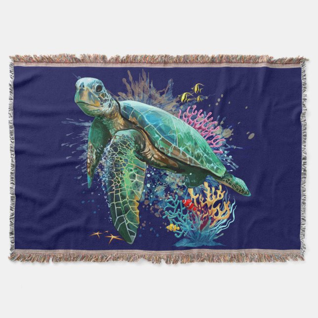 Sea turtle underwater watercolor Style Throw Blanket (Front)