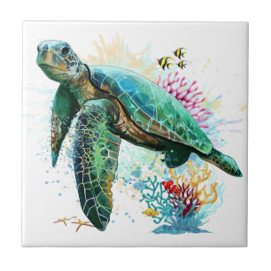 Sea turtle underwater watercolor Style Tile