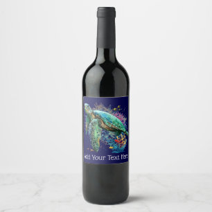 Sea turtle underwater watercolor Style Wine Label