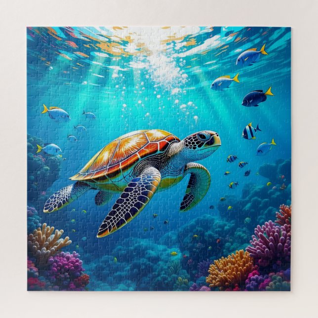 Sea Turtle Vibrant Colourful Underwater Scene Jigsaw Puzzle (Vertical)