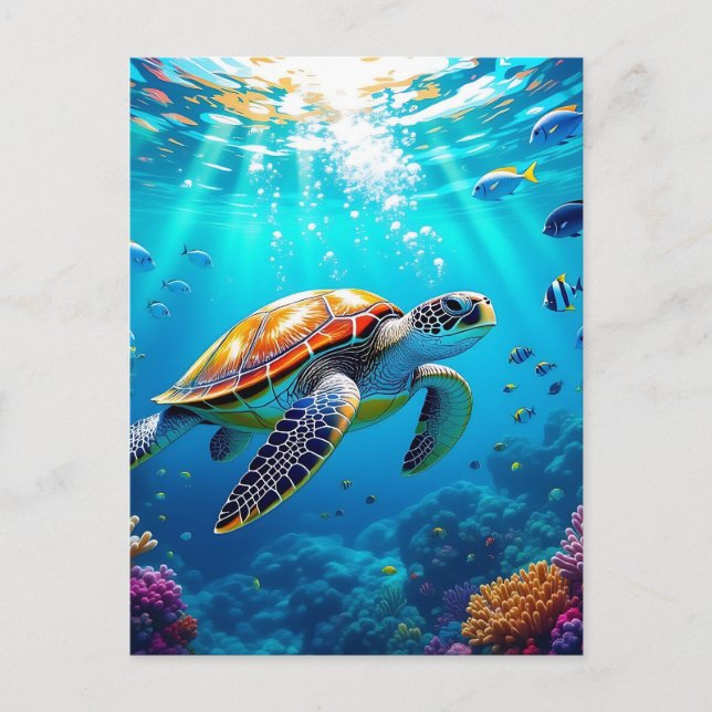 Sea Turtle Vibrant Colourful Underwater Scene Postcard (Front)