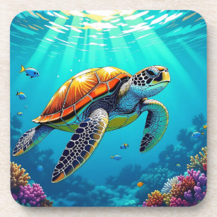 Sea Turtle Vibrant Ocean Illustration Coaster