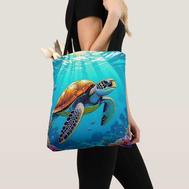 Sea Turtle Vibrant Ocean Illustration Tote Bag (Close Up)