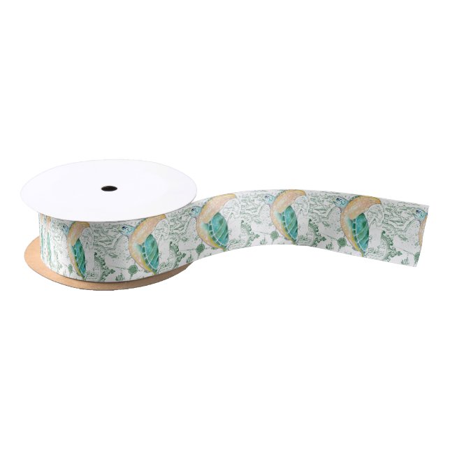 Sea Turtle Vintage Map white Satin Ribbon (Spool)