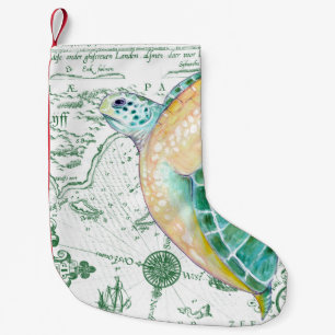 Sea Turtle Vintage Map white Small Christmas Stocking