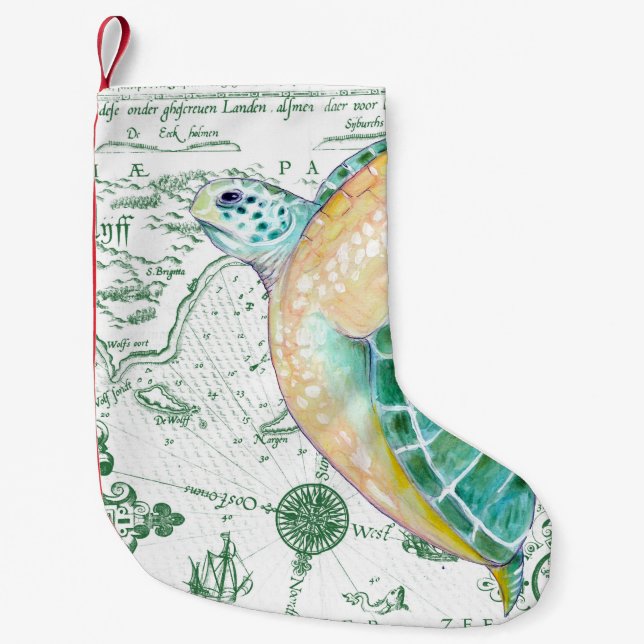 Sea Turtle Vintage Map white Small Christmas Stocking (Front)