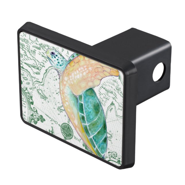 Sea Turtle Vintage Map white Trailer Hitch Cover (Top Right)