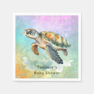 Sea Turtle Watercolor Coloured Bubbles Baby Shower Napkin