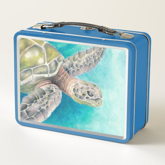 Sea Turtle Watercolor Green Metal Lunch Box (Back)