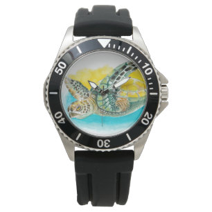 Sea Turtle Watercolor ink Green Watch