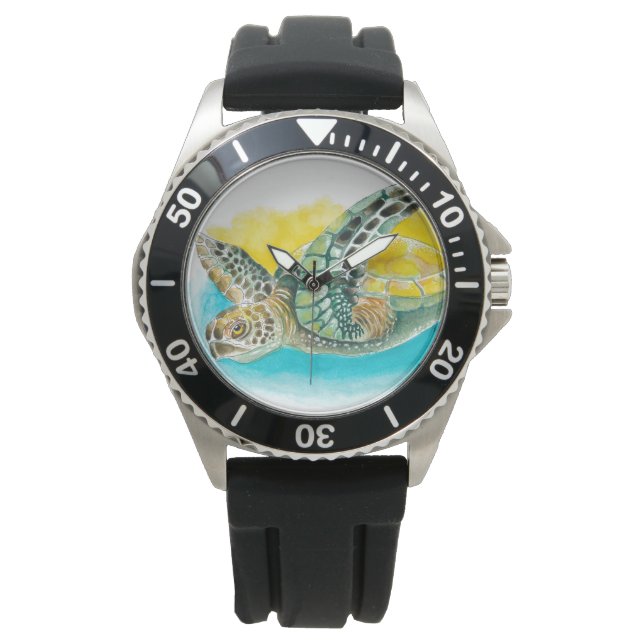 Sea Turtle Watercolor ink Green Watch (Front)